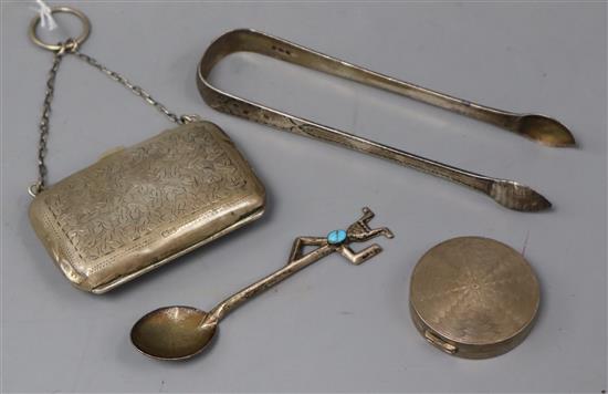 A silver purse on chain (Chester), a silver circular compact, a pair of silver sugar tongs and a turquoise-set Mexican spoon